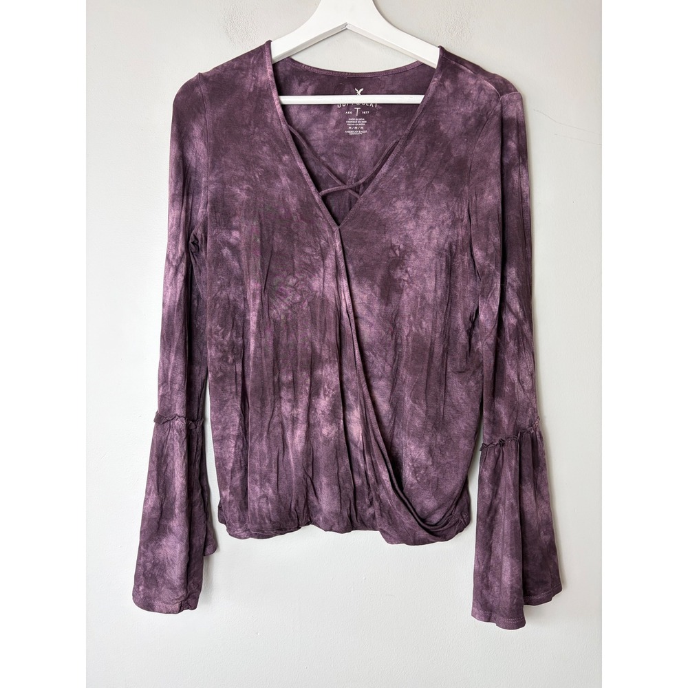 American Eagle Soft & Sexy Purple Tie Dye Wrap Front Bell Sleeve Top Womens M
